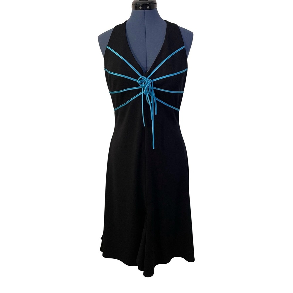 VTG Blondie Nites Black Blue Ribbon Halter Fit Flare Dress Salsa Cover up Y2K M
